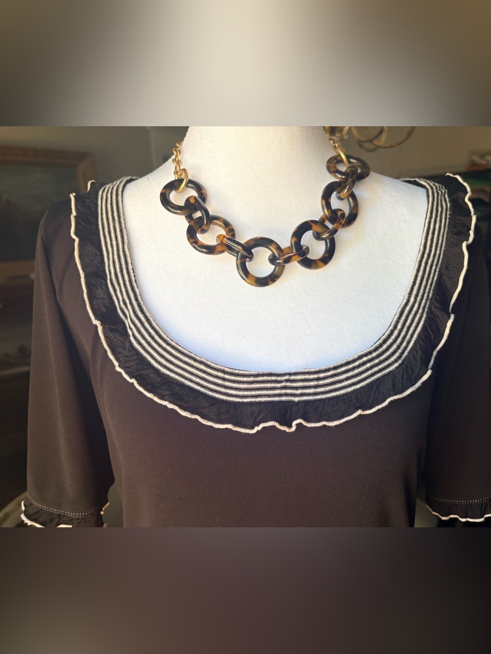 Max Studio Black Top with Striped Lettuce Edge Neckline